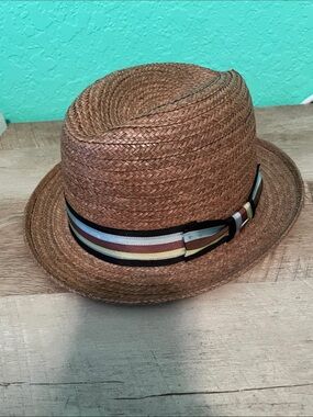 Stetson Woven Straw Fedora with Striped Band - Brown